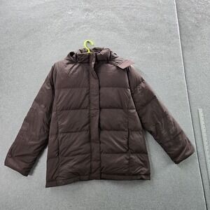 LL Bean Women Jacket XL Brown Nylon Goose Down Puffer Fur Trim Hooded